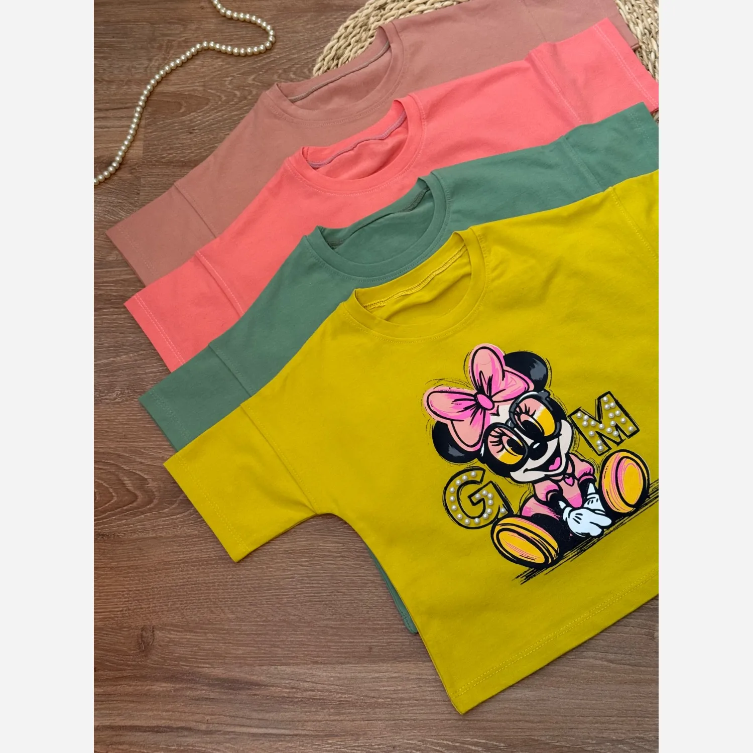 ست تیشرت و شلوارک جین دخترانه مروارید دوزی شده