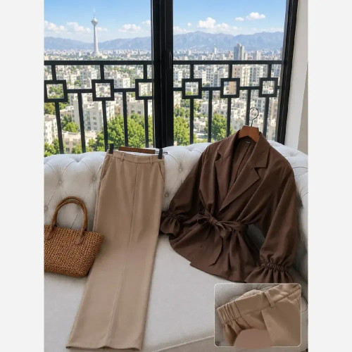 کت شلوار زنانه کرپ مازراتی کمربنددار مدل نیوشا