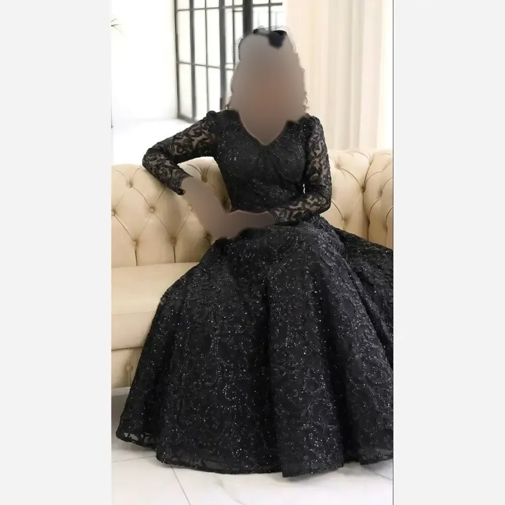 پیراهن مجلسی زنانه دانتل چمنی مشکی سنگدوزی شده کاپدار سایز بزرگ