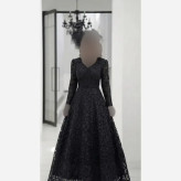 پیراهن مجلسی زنانه دانتل چمنی مشکی سنگدوزی شده کاپدار سایز بزرگ