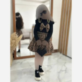 ست لباس عروسکی دخترانه طرح پلنگی شومیز کبریتی و دامن مخمل آنجل 3 تا 9 سال