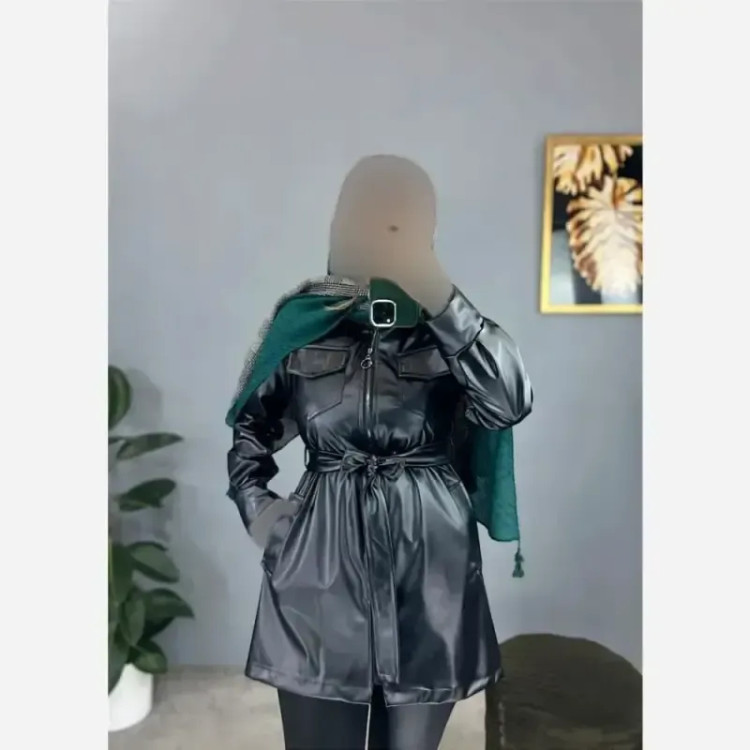 مدل یاشین کت چرم زنانه مشکی فری سایز کمربنددار جیبدار