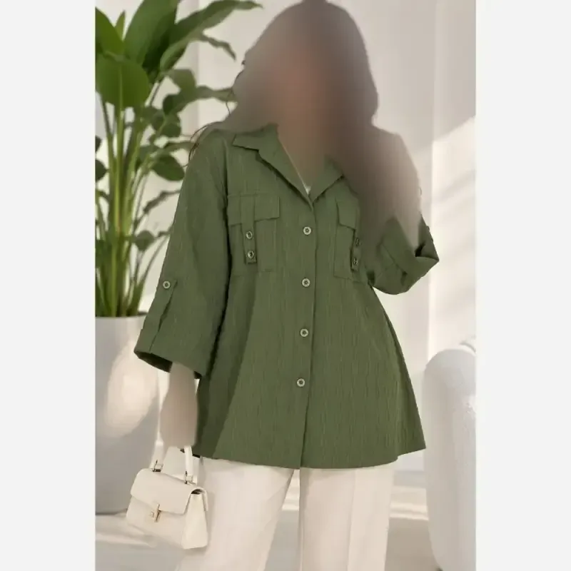 شومیز باکسی جیب صلیبی جنس آیوا زنجیری فری سایز تا 48