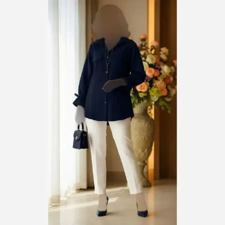 شومیز آستین عروسکی لینن پری زنانه رنگ مشکی و کرم سایز فری تا 48