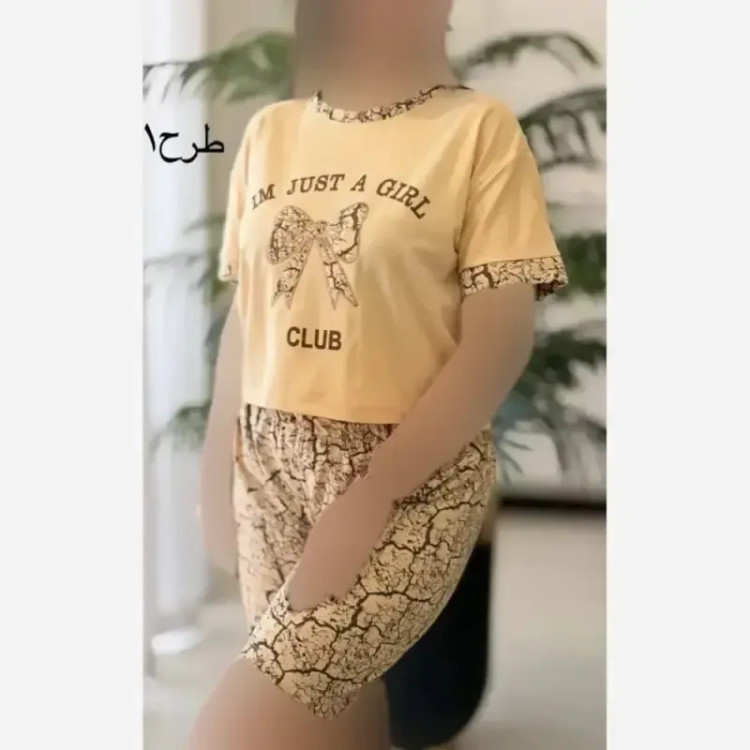 ست تیشرت و شلوارک زنانه جنس پنبه اعلا و باکیفیت فری سایز رنگ کرم شکلاتی نسکافه ای