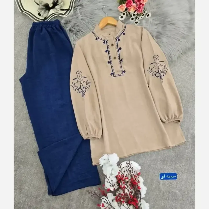 ست تونیک و شلوار گندم جنس شانتون فری سایز گلدوزی شده