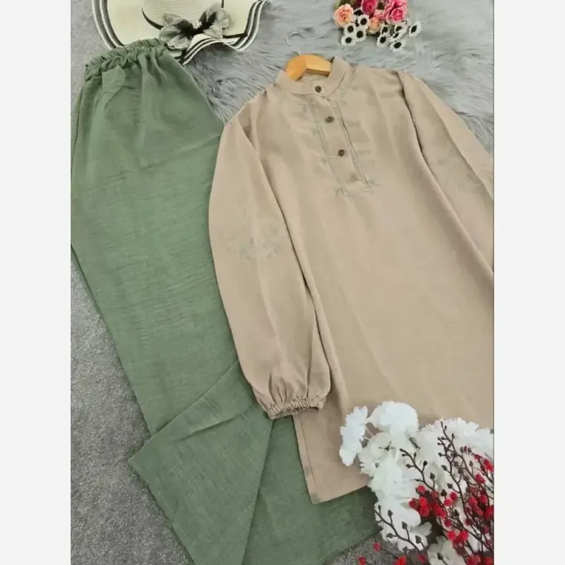 ست تونیک و شلوار گندم جنس شانتون فری سایز گلدوزی شده