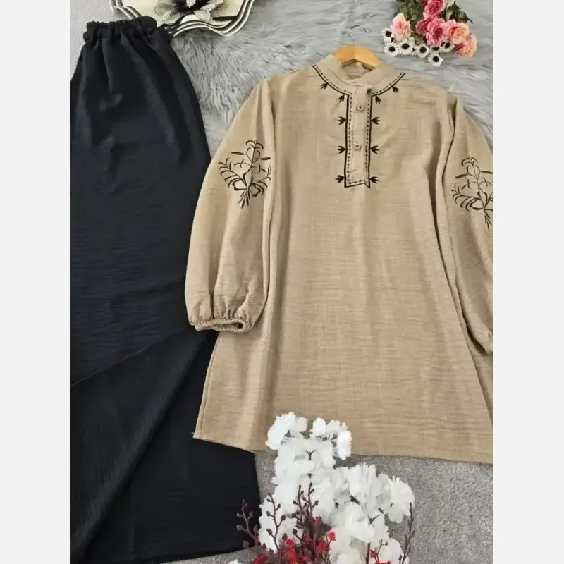 ست تونیک و شلوار گندم جنس شانتون فری سایز گلدوزی شده
