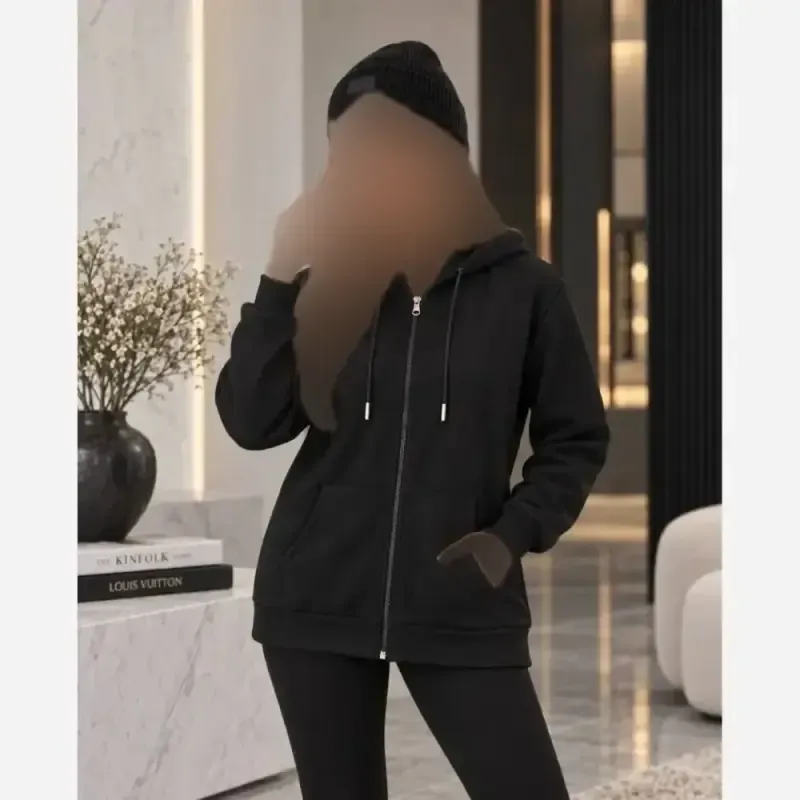 سویشرت دورس جلو زیپ کلاهدار جیبدار داخل کرکی رنگ مشکی سفید فری سایز