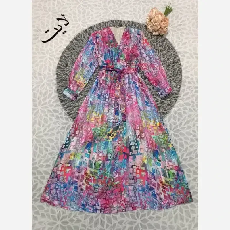 پیراهن حریر آبرنگی مجلسی زنانه فری سایز یقه چپ و راستی آستر دار