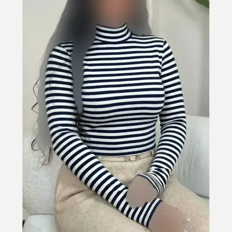 بلوز یقه اسکی لورنت آستین فینگردار جنس فانریپ کش رنگ مشکی سفید سایز فری