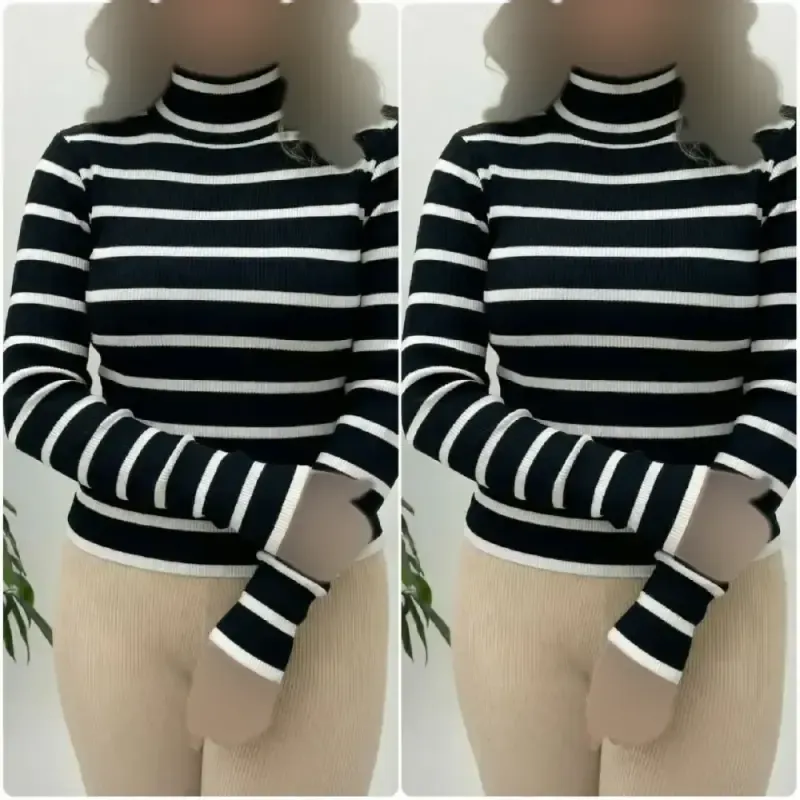 بلوز یقه اسکی لورنت آستین فینگردار جنس فانریپ کش رنگ مشکی سفید سایز فری