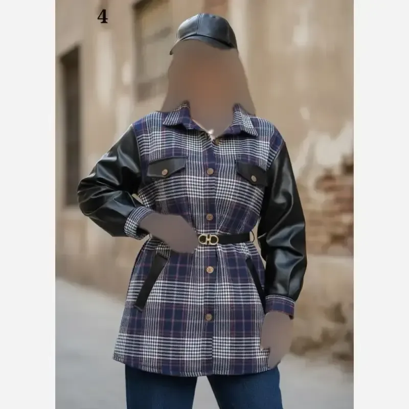 شکت چهارخونه آستین چرم فوتر پشمی فری سایز کمربنددار