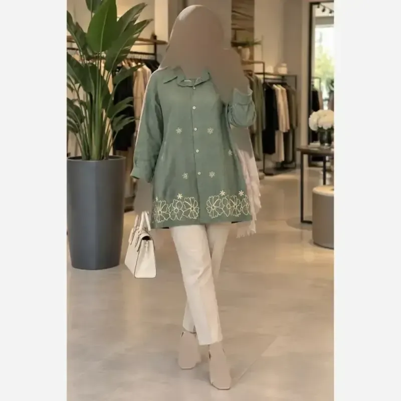 شومیز مانتویی گلدوزی شده مهگل جنس شانتون