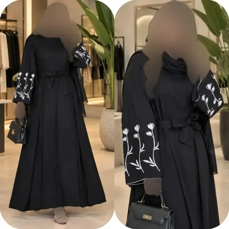 پیراهن عبایی گلدوزی شده مدل گل لاله جنس الیزه مشکی رنگ