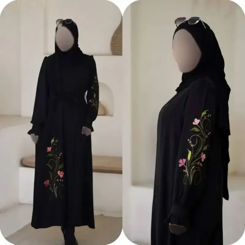 پیراهن عبایی ارکیده گلدوزی شده جنس الیزه رنگ مشکی سایز فری سایز