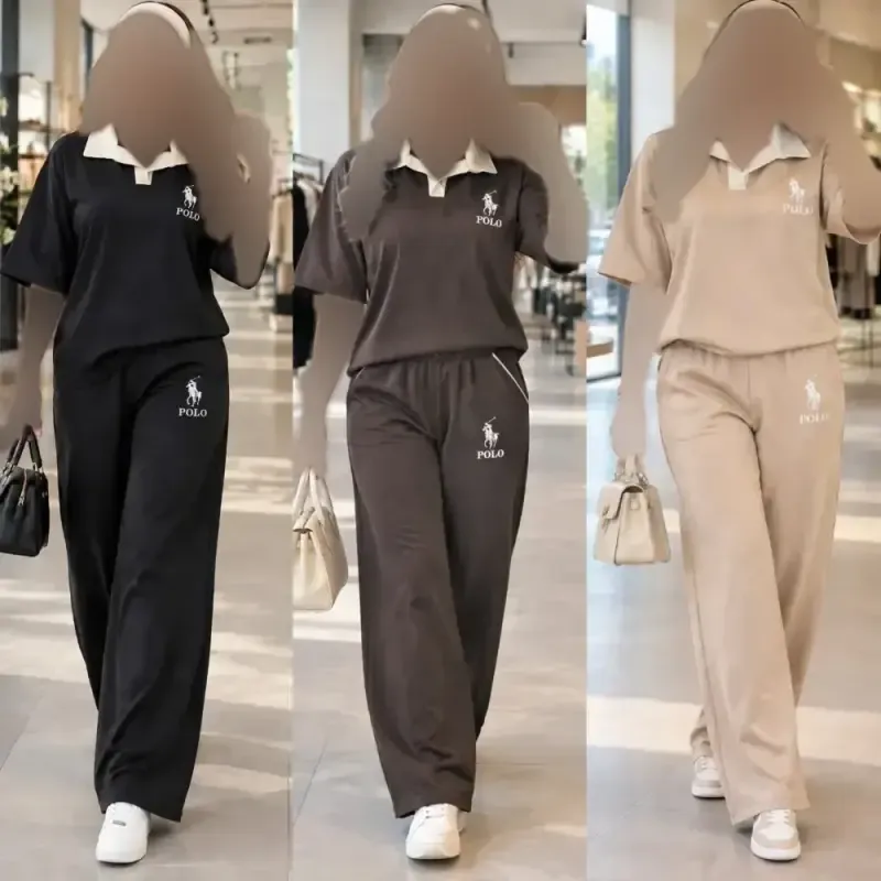 ست تیشرت شلوار زنانه بزیاق POLO فری سایز رنگ بندی متنوع
