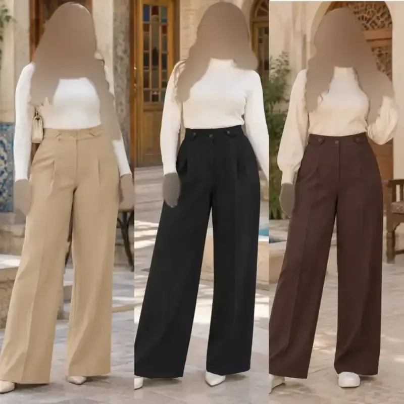 شلوار بگ مازراتی کمر پاگن دار زنانه قد 103 رنگ مشکی قهوه ای نسکافه ای سایز L XL XXL