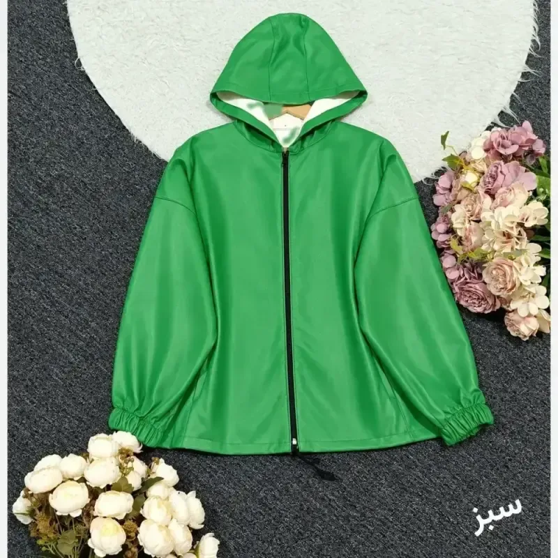 کاپشن چرم کلاهدار زنانه صنعتی درجه یک فری سایز