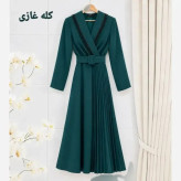 پیراهن مجلسی زنانه یقه ضربدری مروارید دوزی شده جنس سوپر مازراتی آستین بلند