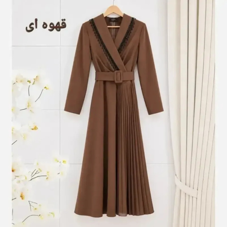 پیراهن مجلسی زنانه یقه ضربدری مروارید دوزی شده جنس سوپر مازراتی آستین بلند