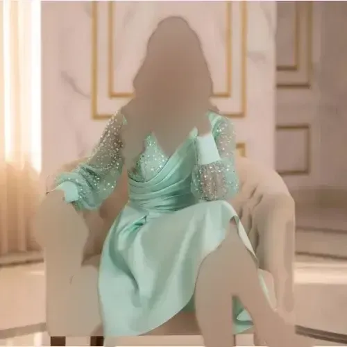 مدل همتا لباس مجلسی جسیمکو و ساتن سنگ دوزی شده رنگ سبزماچا