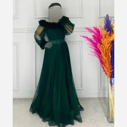 پیراهن مجلسی زنانه تیفانی تور کش قد 150 با کمربند