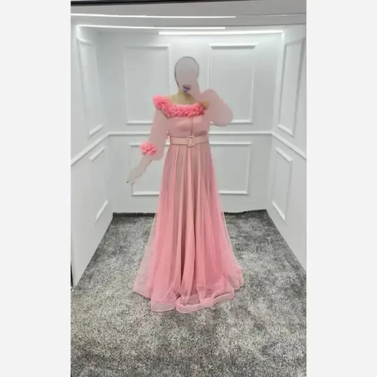 پیراهن مجلسی زنانه تیفانی تور کش قد 150 با کمربند