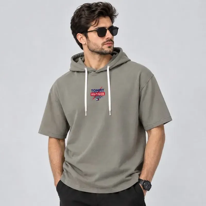 تی شرت کلاه دار مردانه لیما پنبه طرح حروف جلو و پشت چاپ