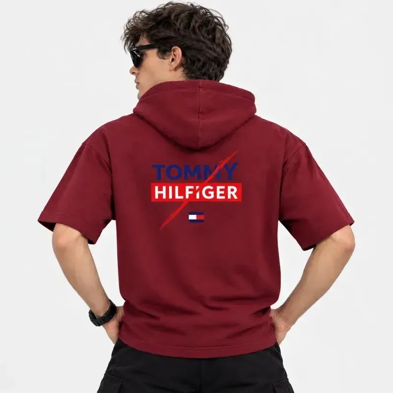 تی شرت کلاه دار مردانه لیما پنبه طرح حروف جلو و پشت چاپ