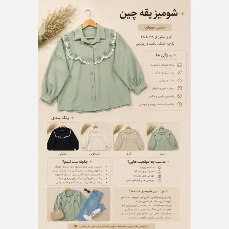 شومیز یقه چین جنس صوفیا فری سایز رنگ بندی متنوع