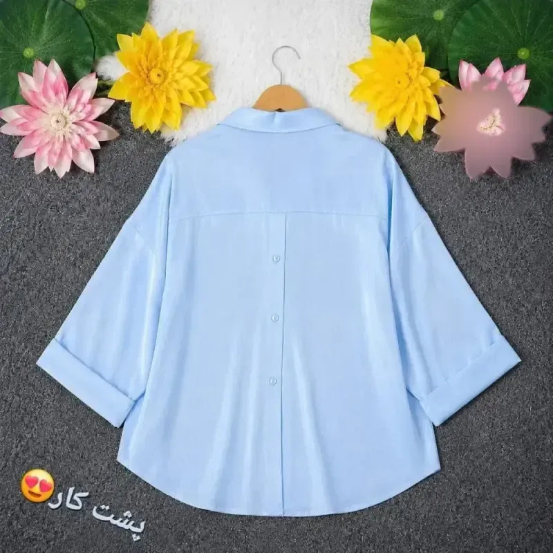 شومیز سیلک ساتن زنانه آستین سه ربع پاکتی دکمه پشت فری سایز
