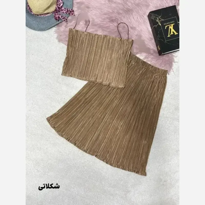 ست ورودی کراپ دامن ساتن پلیسه وارداتی مدل حنا سایز 38 تا 44