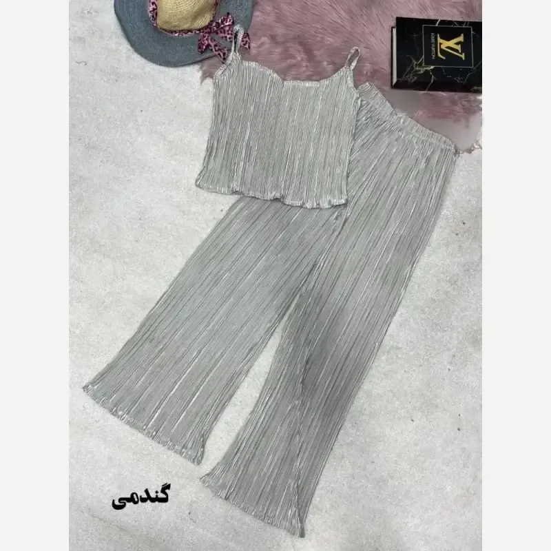 ست فانتزی کراپ شلوار پلیسه ساتن وارداتی فری سایز 38 تا 44