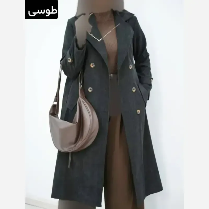 مانتو پاییزه مخمل کبریتی ریز مدل ساناز سایز فری تا 48 جیب دار