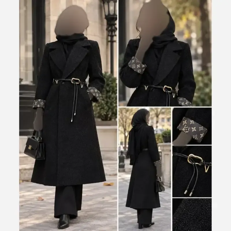 پالتو زنانه مدل فریما بلند آستردار رنگ مشکی سایز یک و دو