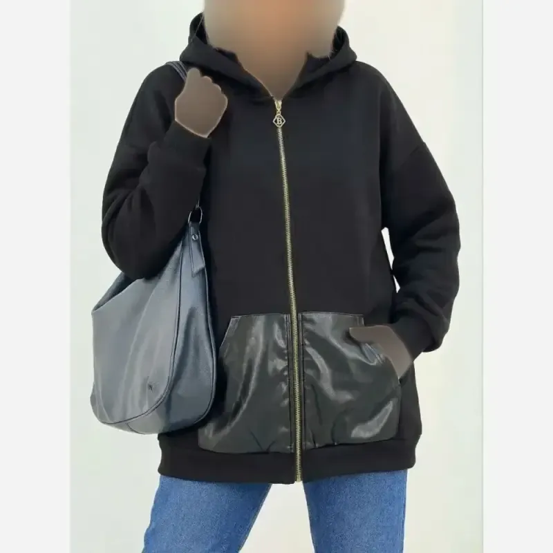 سویشرت دورس توکرکی جیب چرم مشکی فری سایز زنانه و مردانه