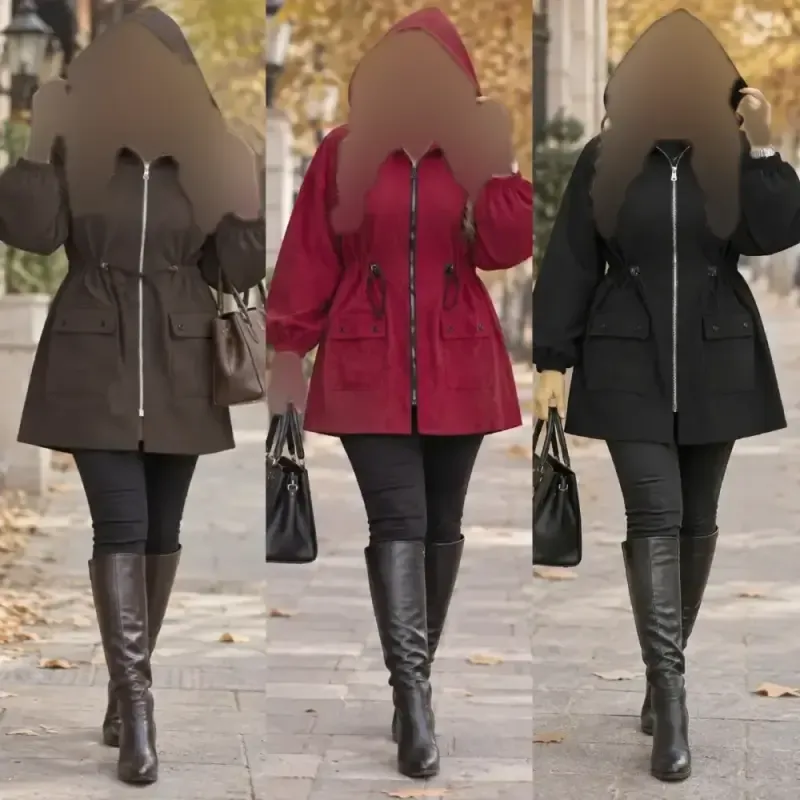 مانتو مخمل کبریتی کلاهدار پاییزه مدل صبا سایزبندی و رنگبندی متنوع