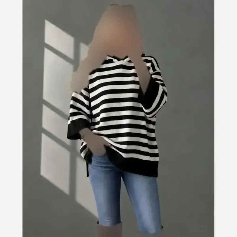 هودی بافت زنانه راهراه کلاهدار فری سایز