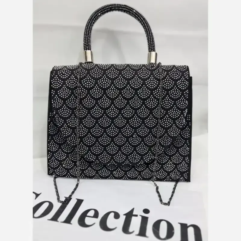 کیف مجلسی مخمل نگین کاری شده و چرم با بند زنجیری سایز 18 در 23