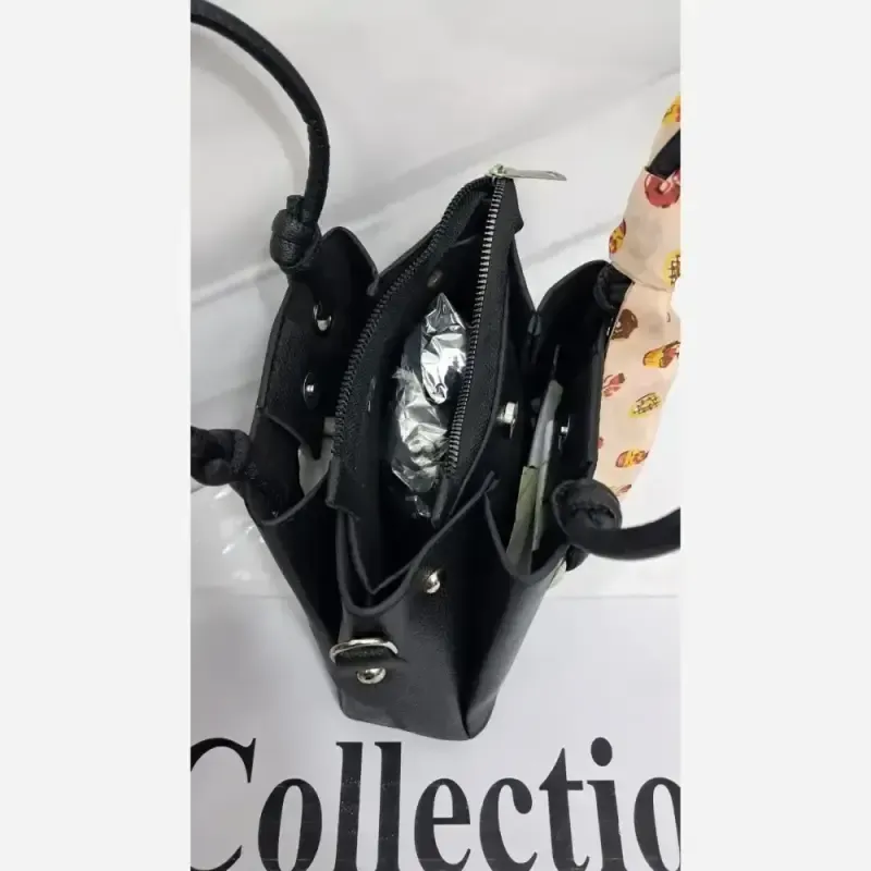 کیف دستی و دوشی چرم مشکی سایز 18 در 18 با بند بلند