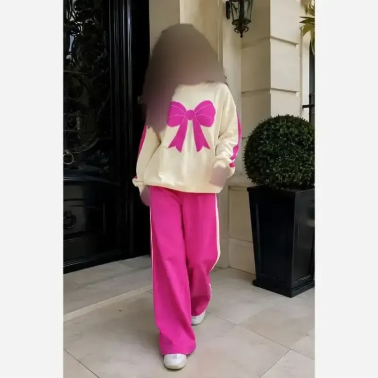 بلوز و شلوار دورس پنبه لاکرا طرح پاپیون صورتی