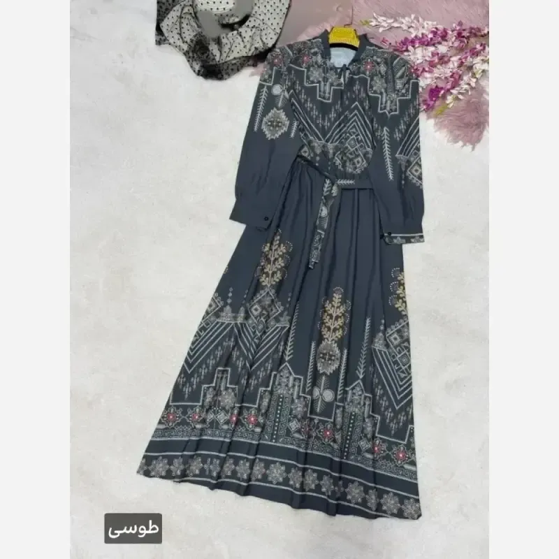 پیراهن ساحلی سنتی فلور نخ درجه یک فری سایز رنگ طوسی و کرم