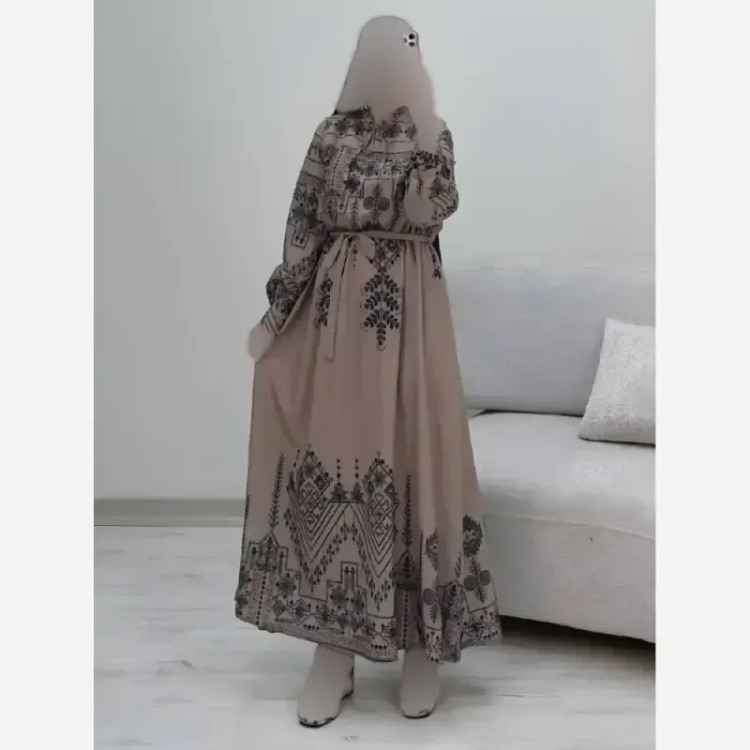پیراهن ساحلی سنتی فلور نخ درجه یک فری سایز رنگ طوسی و کرم