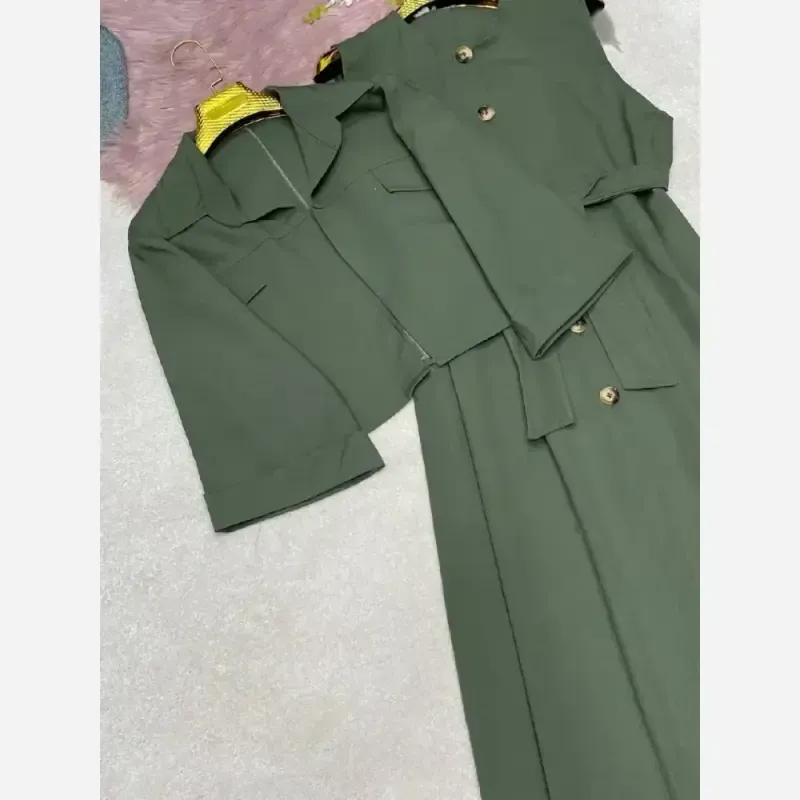ست دوتیکه کت و سارافون کتان پلاس مشکی شکلاتی کرم سورمهای سبز سایز 38 تا 46