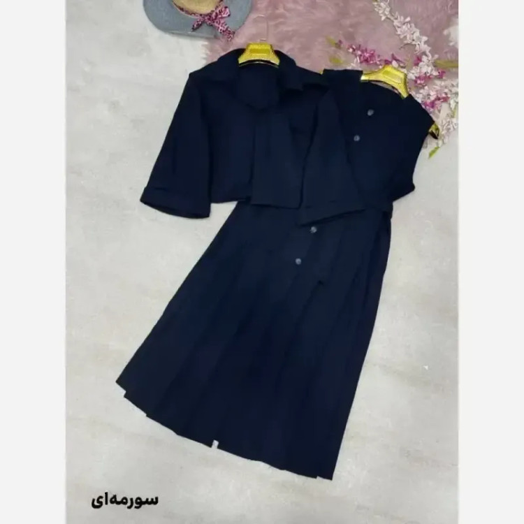 ست دوتیکه کت و سارافون کتان پلاس مشکی شکلاتی کرم سورمهای سبز سایز 38 تا 46