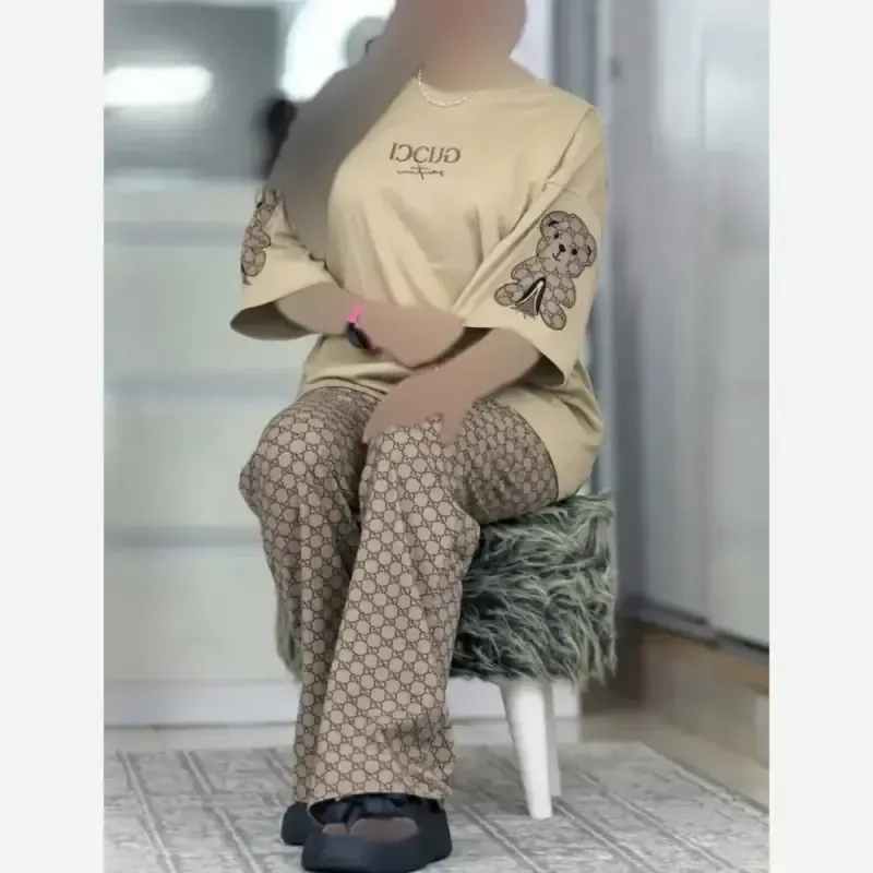 ست تیشرت و شلوار زنانه مدل لویی جنس پنبه گلکسی سایز فری 38 تا 46