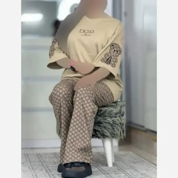 ست تیشرت و شلوار زنانه مدل لویی جنس پنبه گلکسی سایز فری 38 تا 46