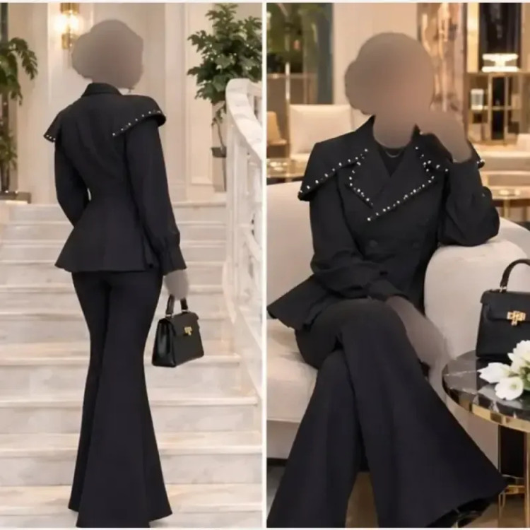 کت و شلوار مجلسی زنانه مدل سیما جواهردوزی جنس مازراتی رنگ مشکی