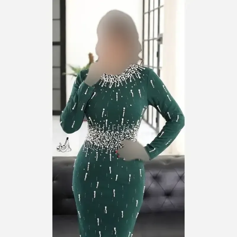 پیراهن مجلسی زنانه کرپ دالقیچ بلند پشت چاکدار مشکی سبز